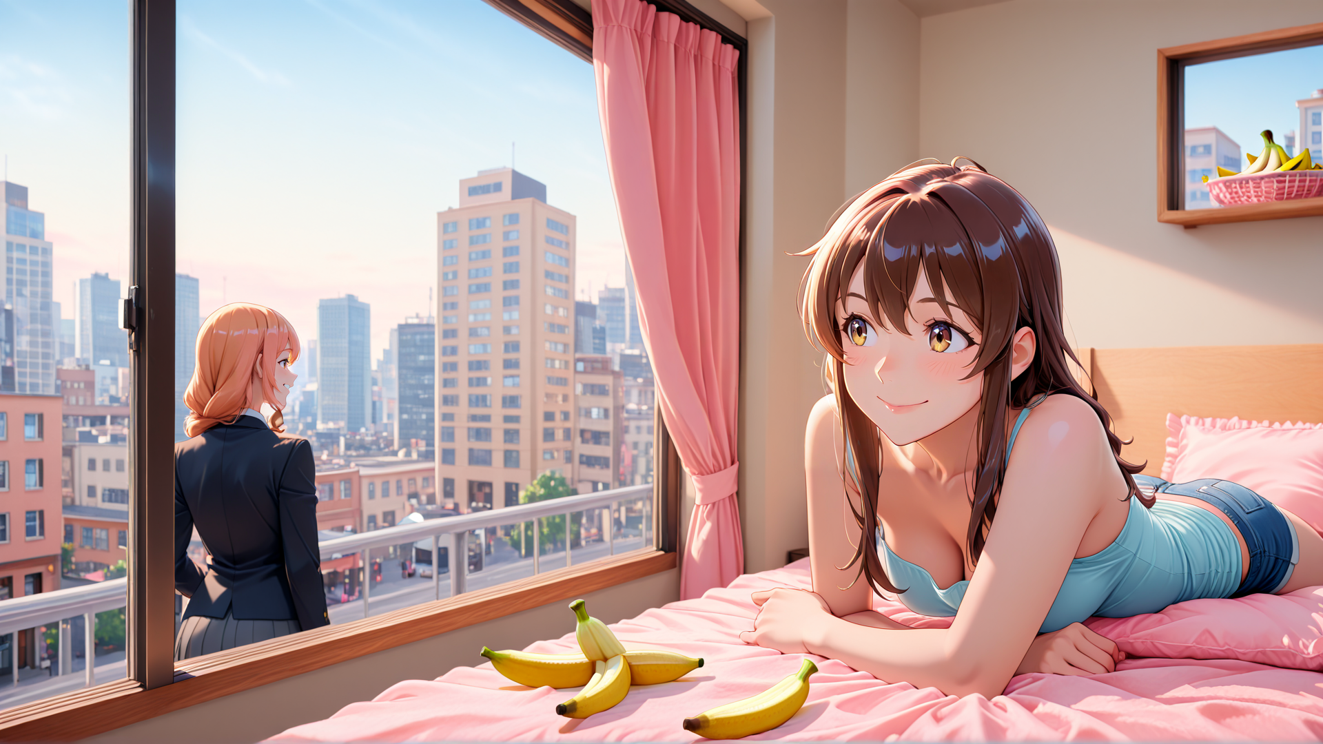 AI generated wallpaper featuring girl, banana, city