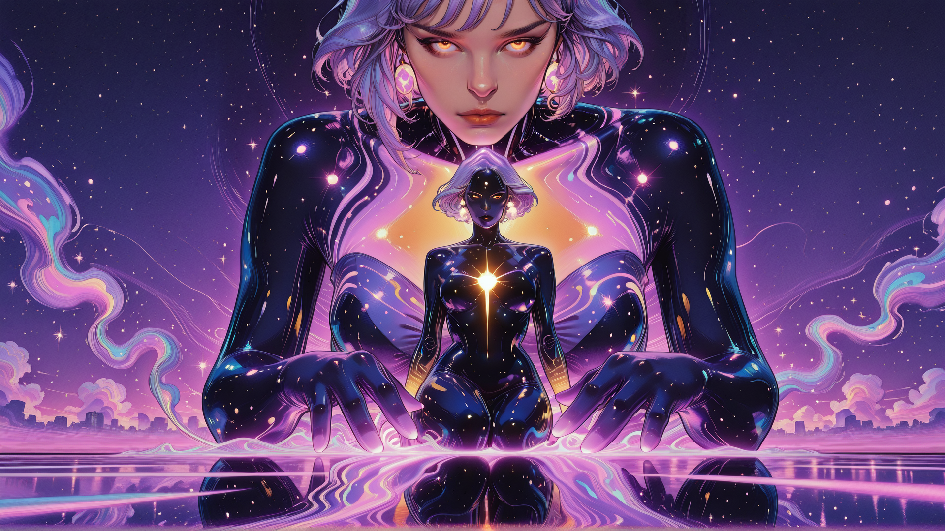 AI generated wallpaper featuring woman, figure, mirror, stars, cityscape