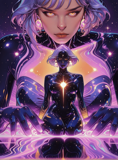 woman, figure, mirror, stars, cityscape