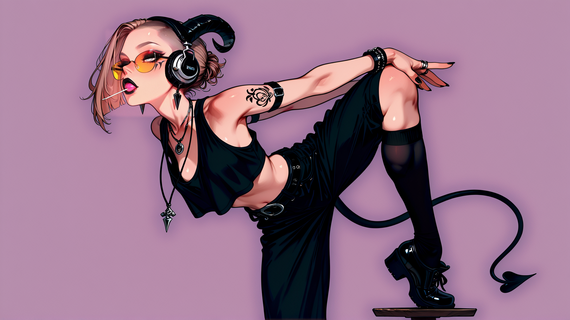 AI generated wallpaper featuring woman, devil, musician, guitarist, punk, model, artist, dancer, goth, fashion
