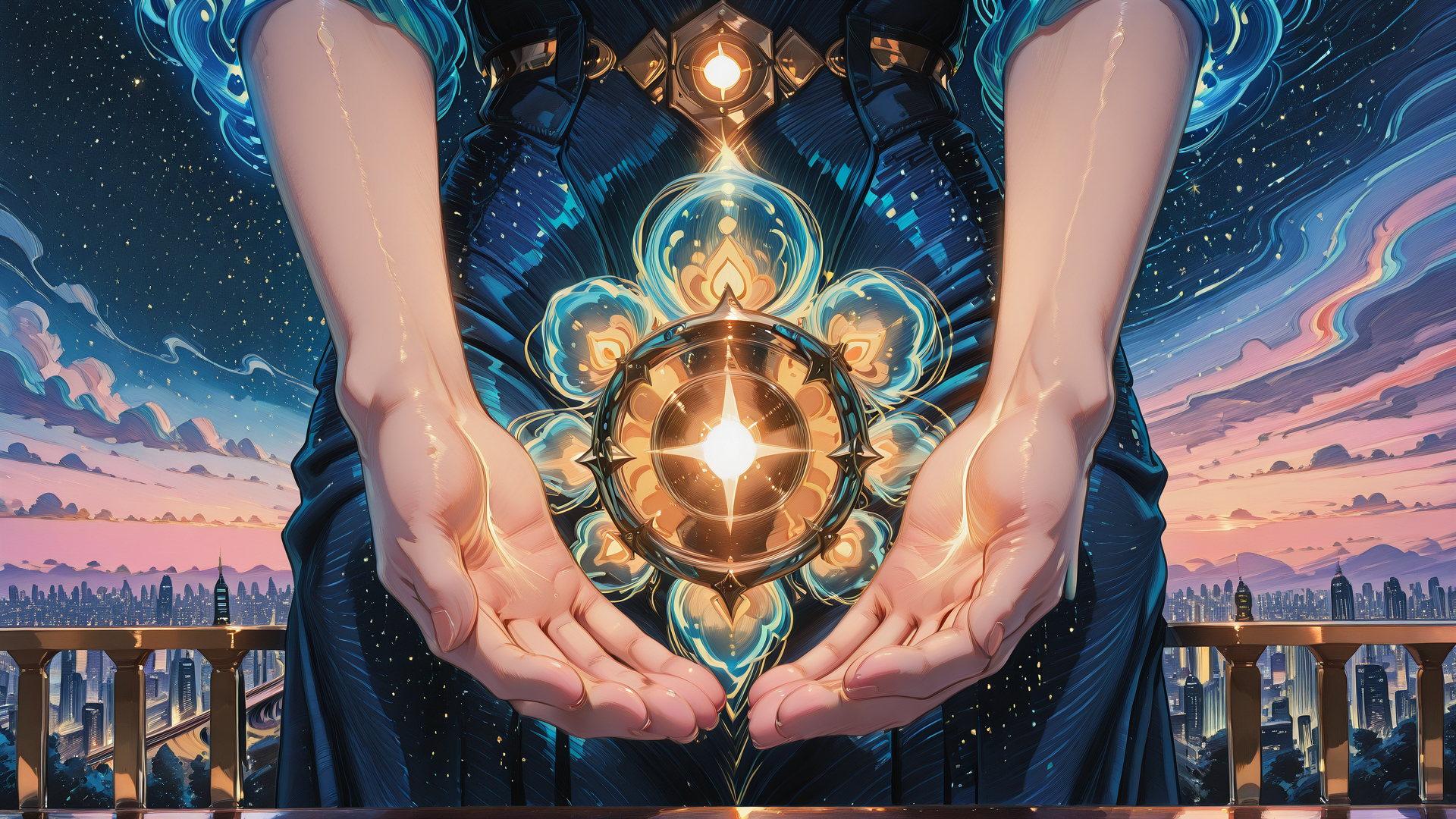 AI generated wallpaper featuring hands, orb, cityscape, sunset, stars