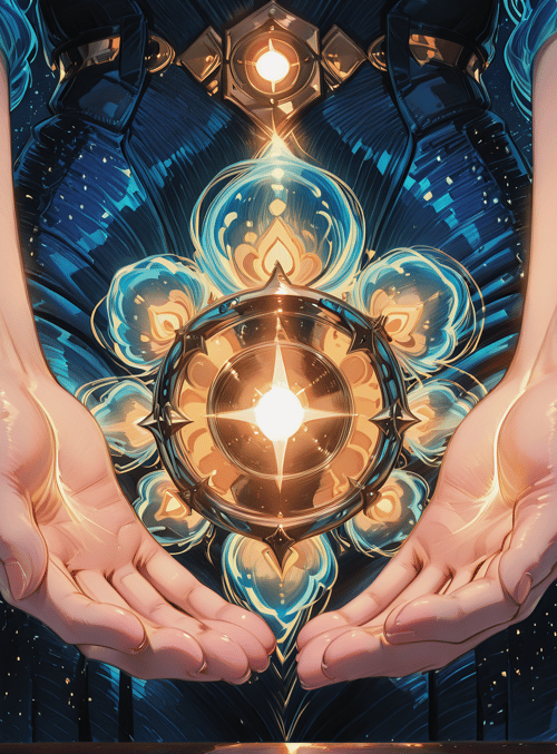 hands, orb, cityscape, sunset, stars