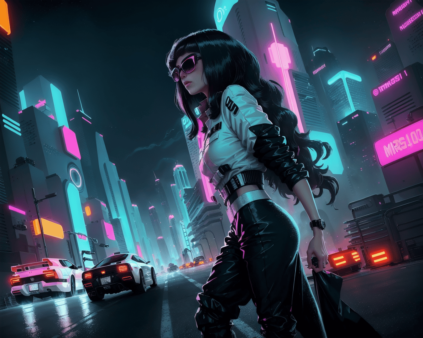 AI generated wallpaper featuring woman, cityscape, cars