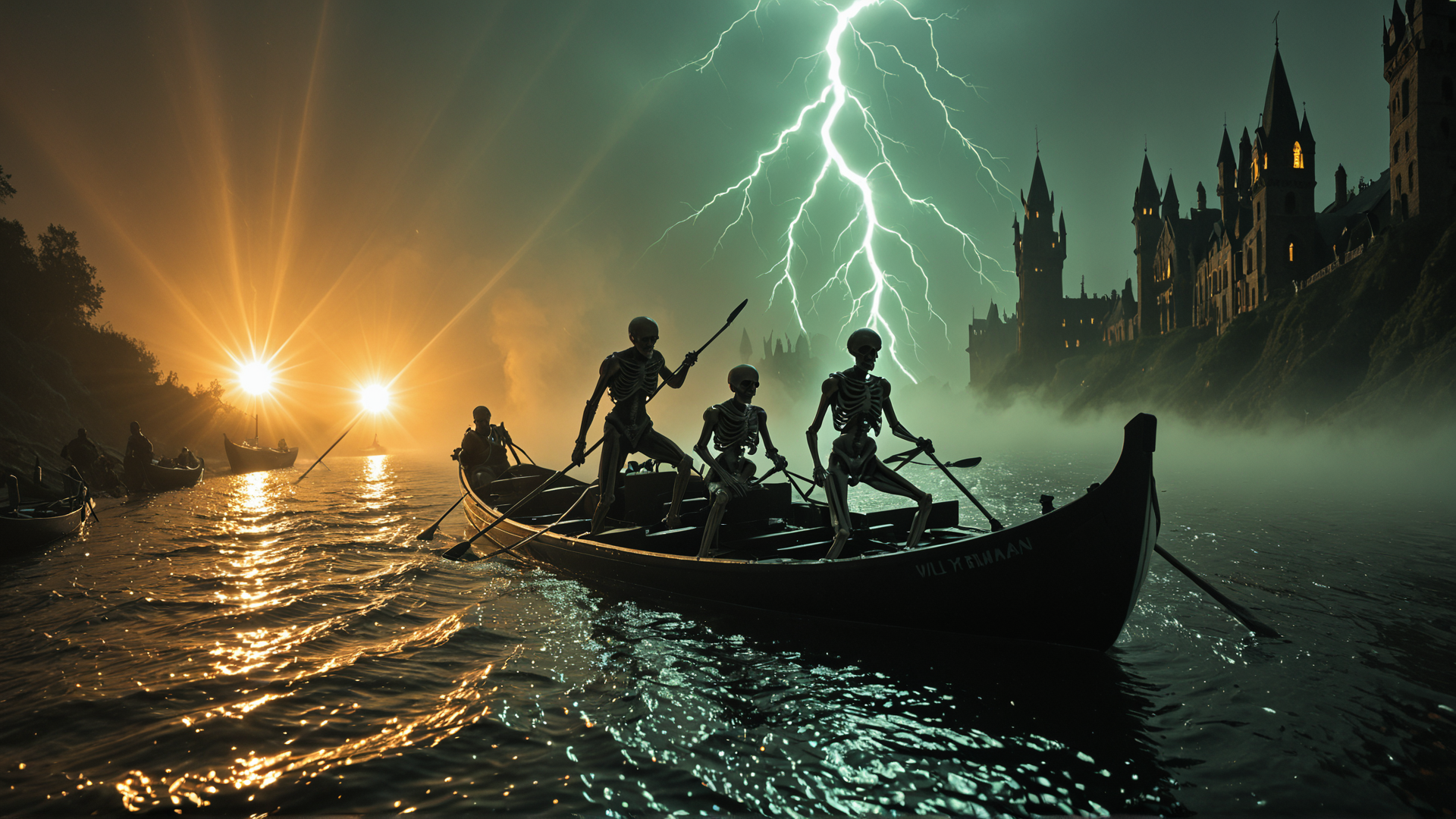 AI generated wallpaper featuring skeletons, boat, castle
