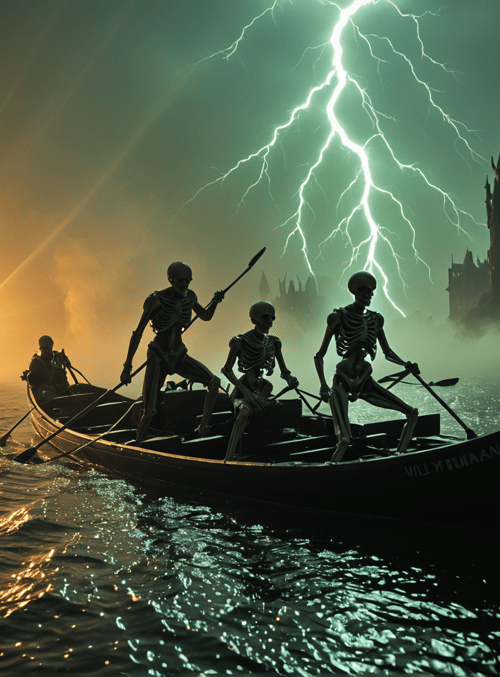 skeletons, boat, castle