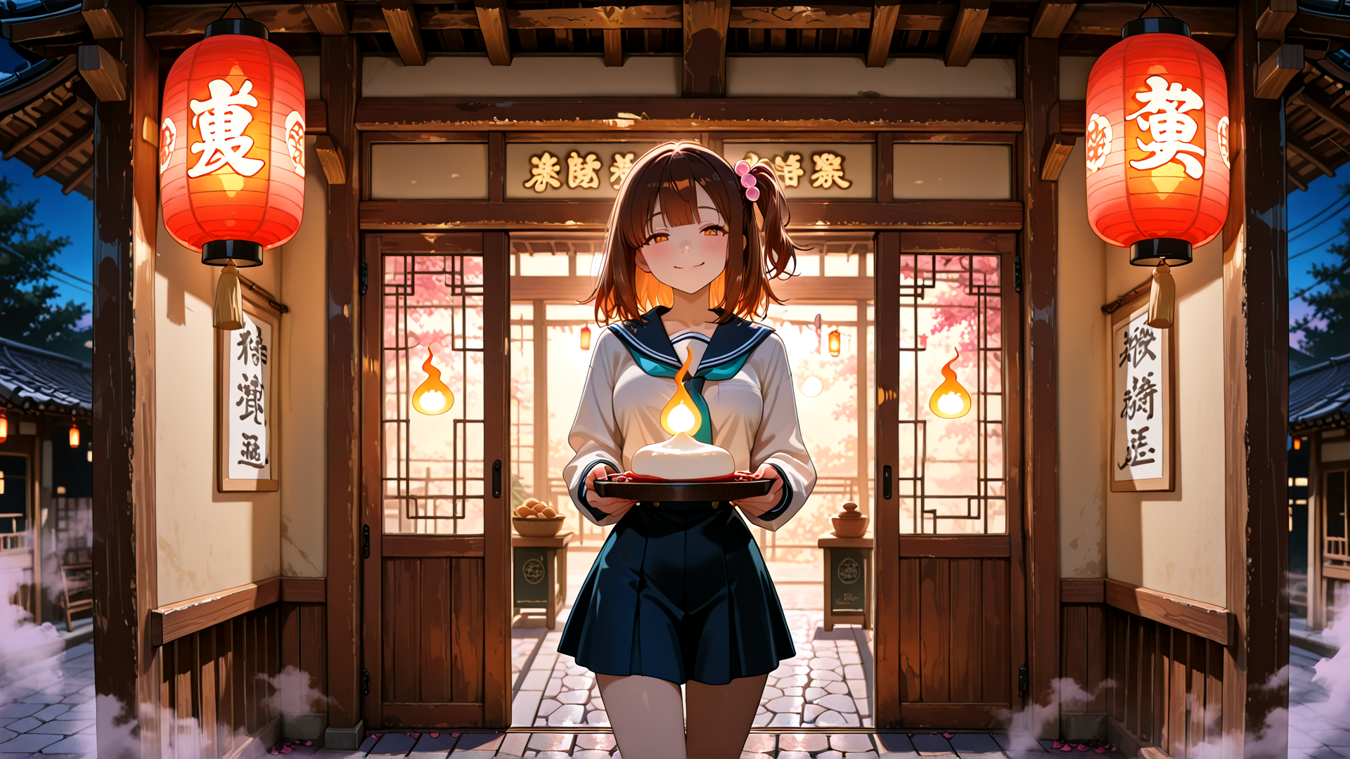 AI generated wallpaper featuring girl, lantern, school uniform, traditional building, cherry blossom, plate, cake, lantern, signboard, bamboo