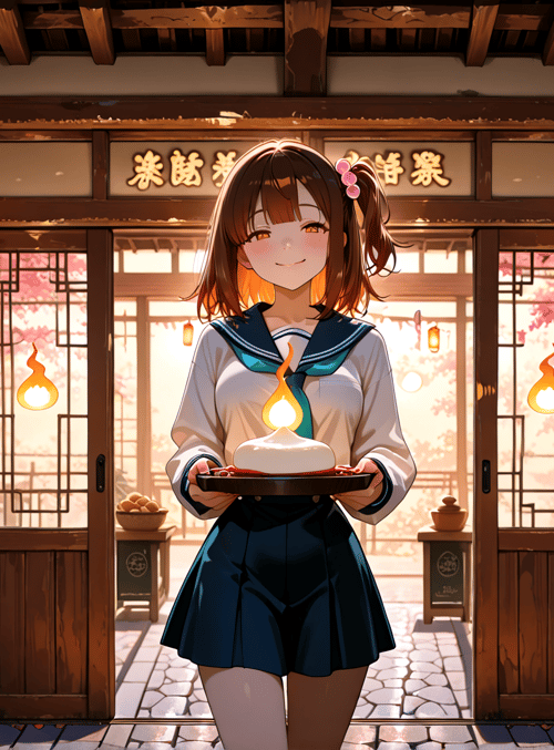 girl, lantern, school uniform, traditional building, cherry blossom, plate, cake, lantern, signboard, bamboo