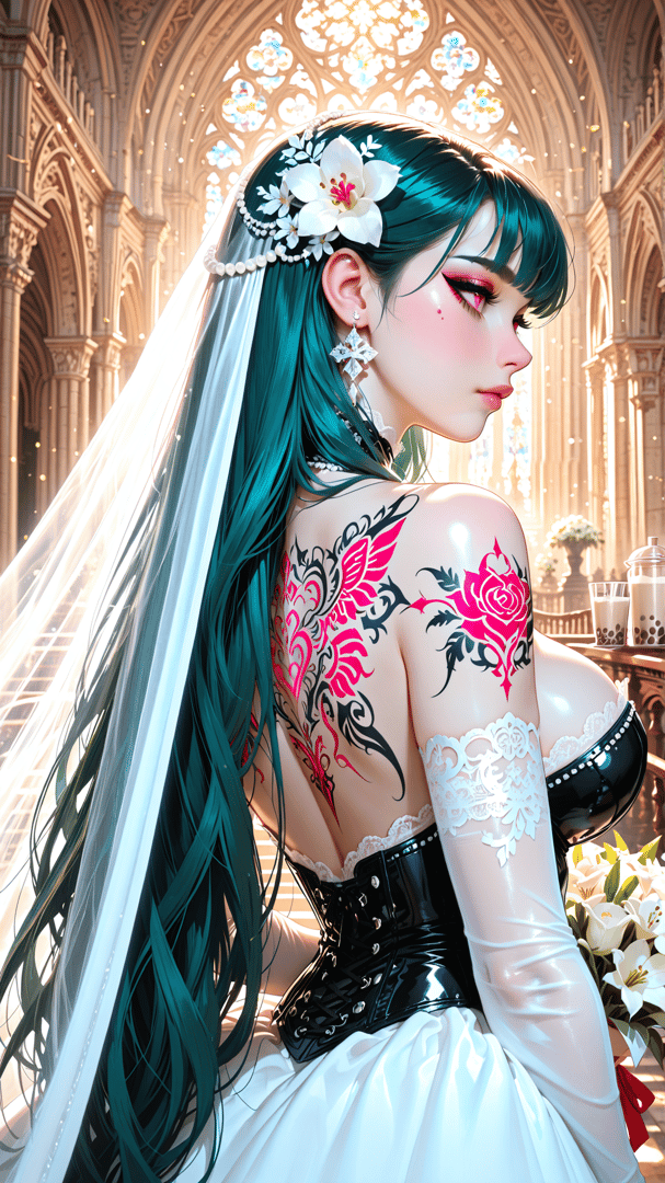 AI generated wallpaper featuring bride, woman, tattoo, wedding, veil, flower, gown, hair, earring, church