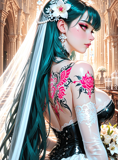 bride, woman, tattoo, wedding, veil, flower, gown, hair, earring, church