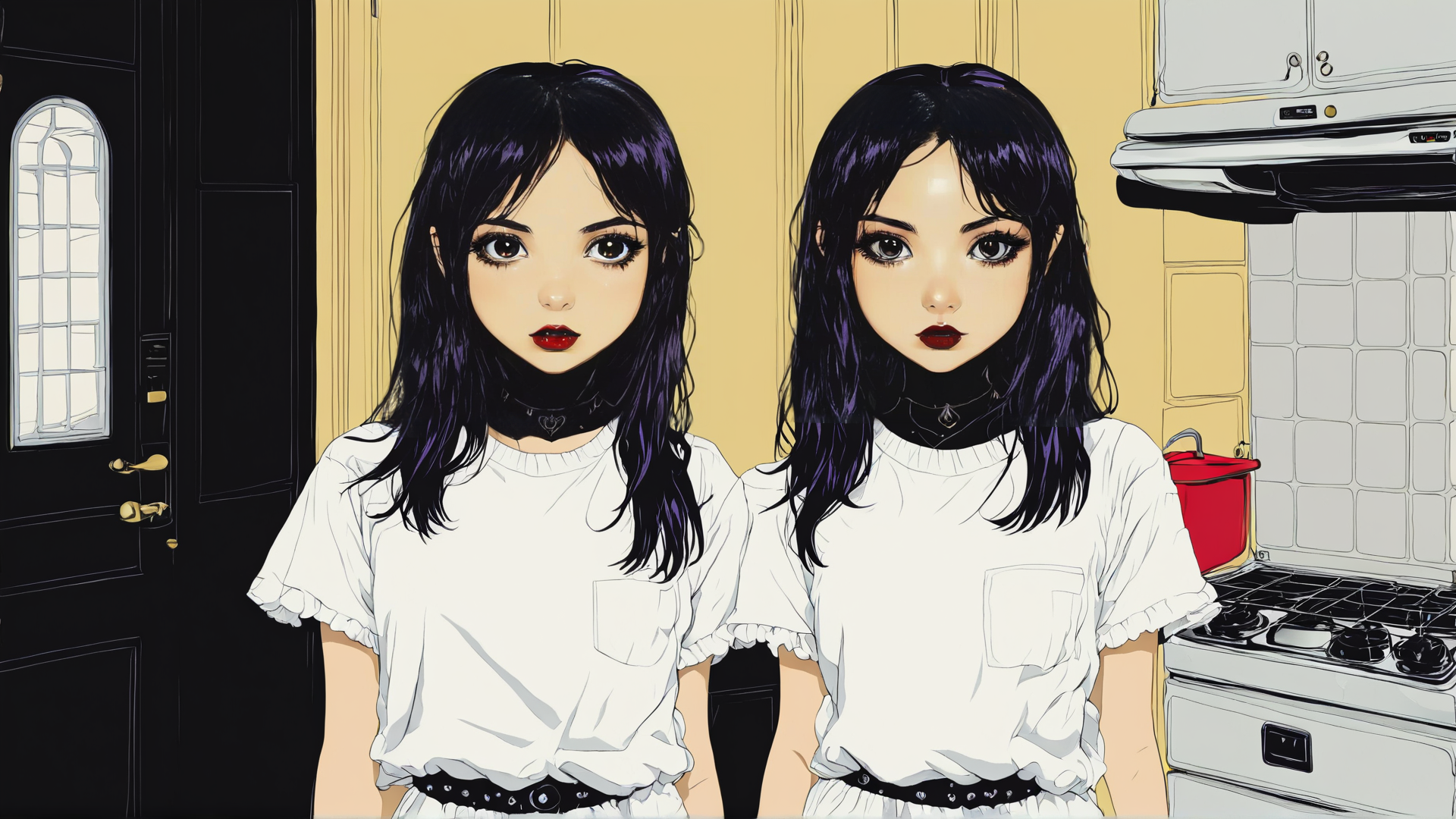AI generated wallpaper featuring girls, twin, kitchen