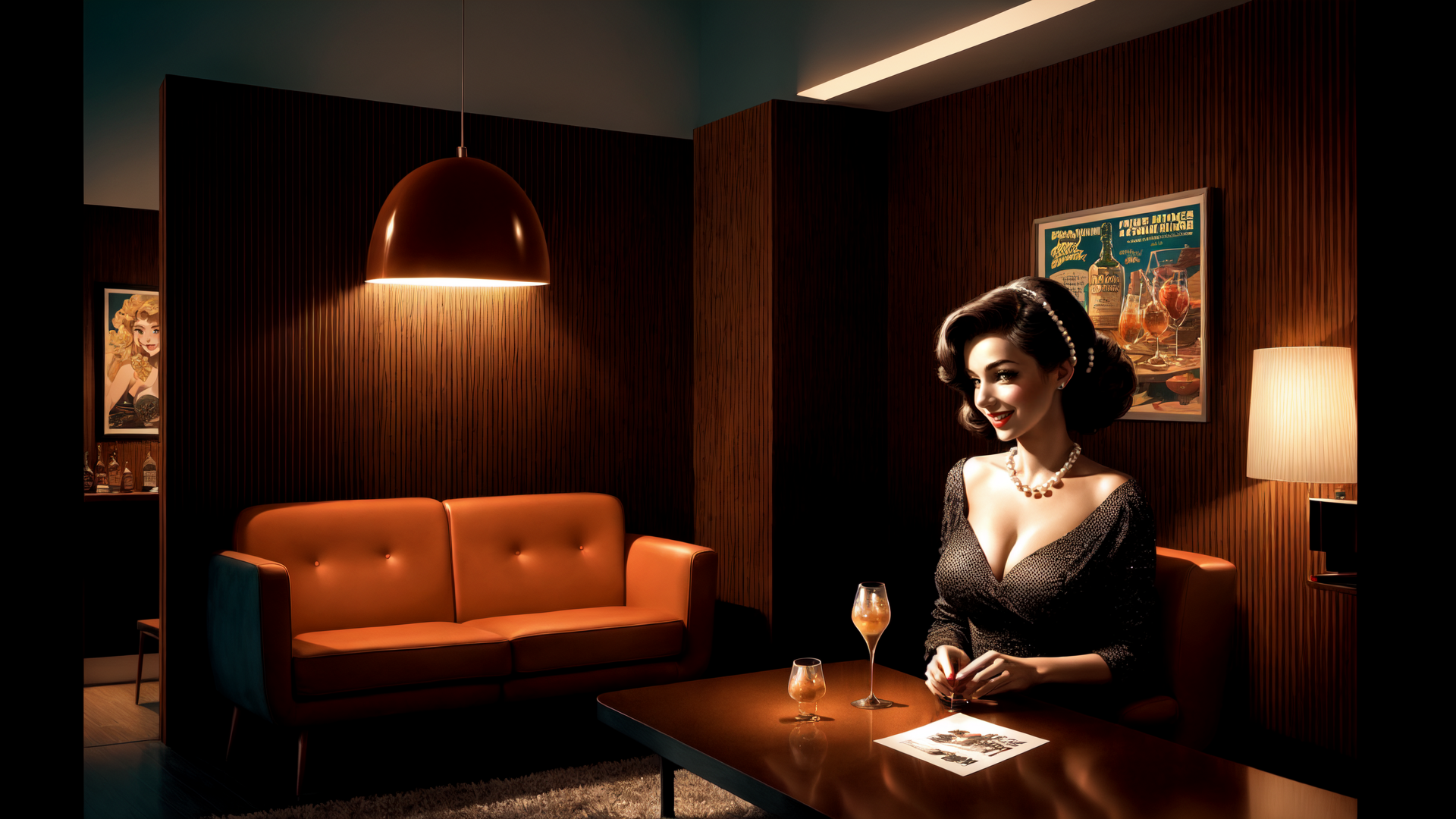 AI generated wallpaper featuring woman, sitting, table, sofa, lamp, poster, wineglass, necklace, bottle, carpet