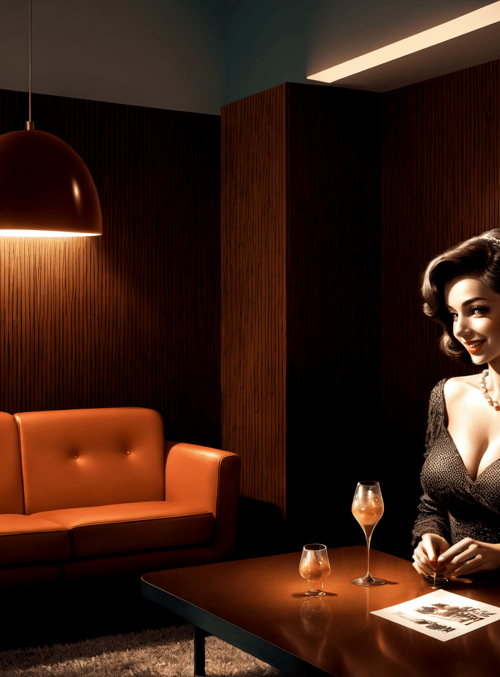 woman, sitting, table, sofa, lamp, poster, wineglass, necklace, bottle, carpet