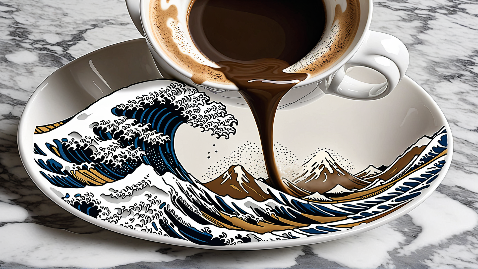 AI generated wallpaper featuring coffee, wave, mountain
