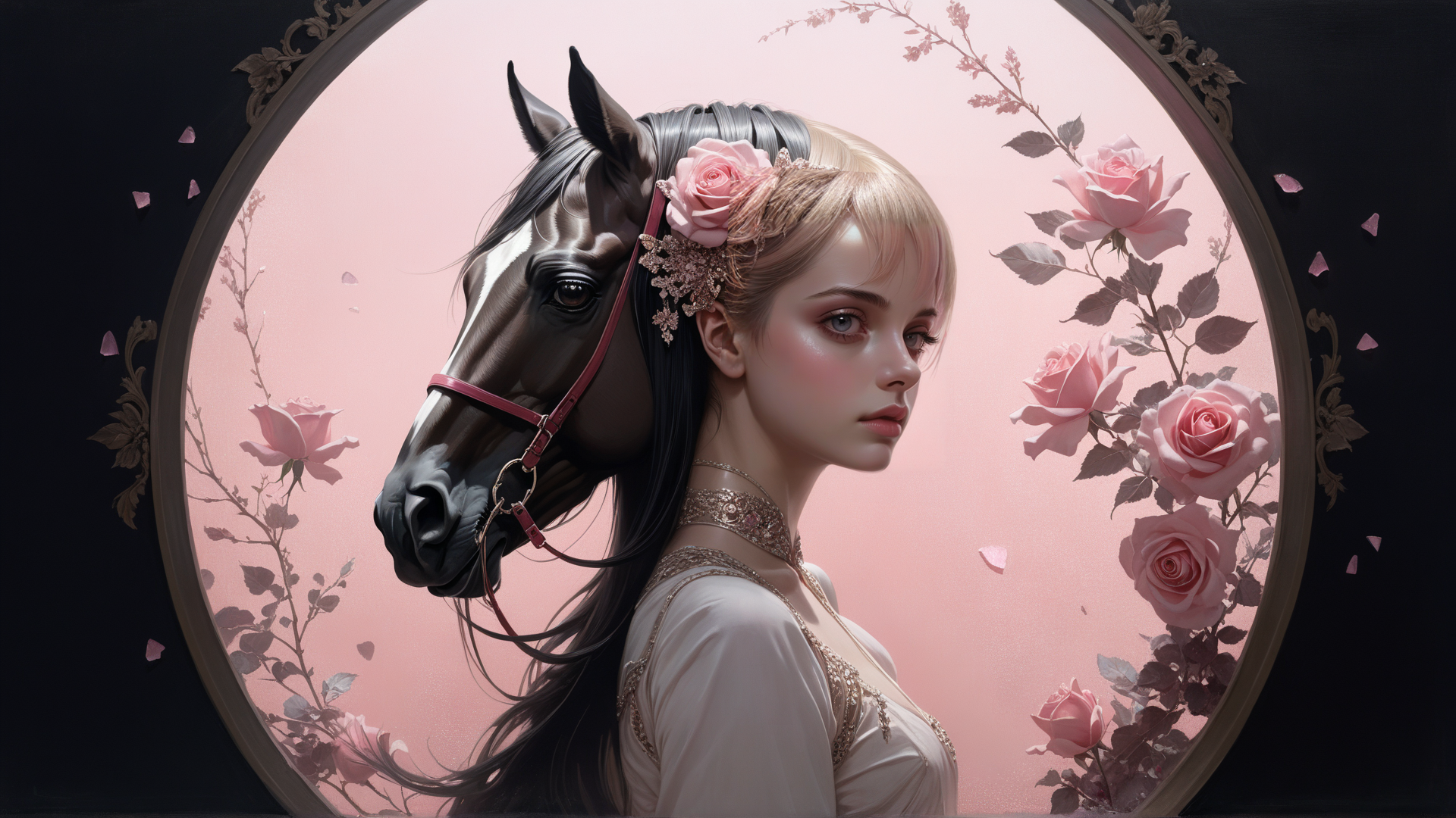 AI generated wallpaper featuring woman, horse, roses