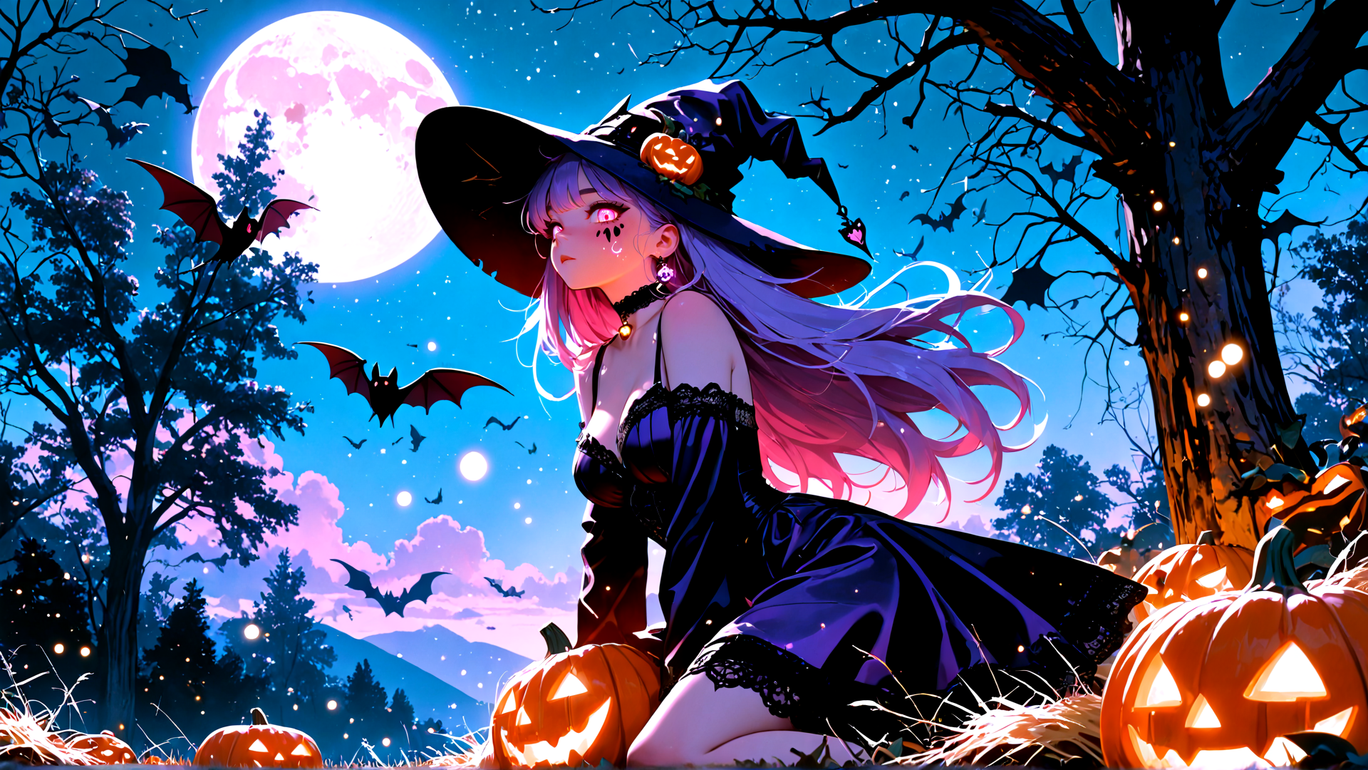 AI generated wallpaper featuring witch, pumpkin, bat, moon, tree