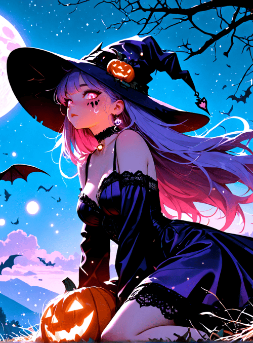 witch, pumpkin, bat, moon, tree