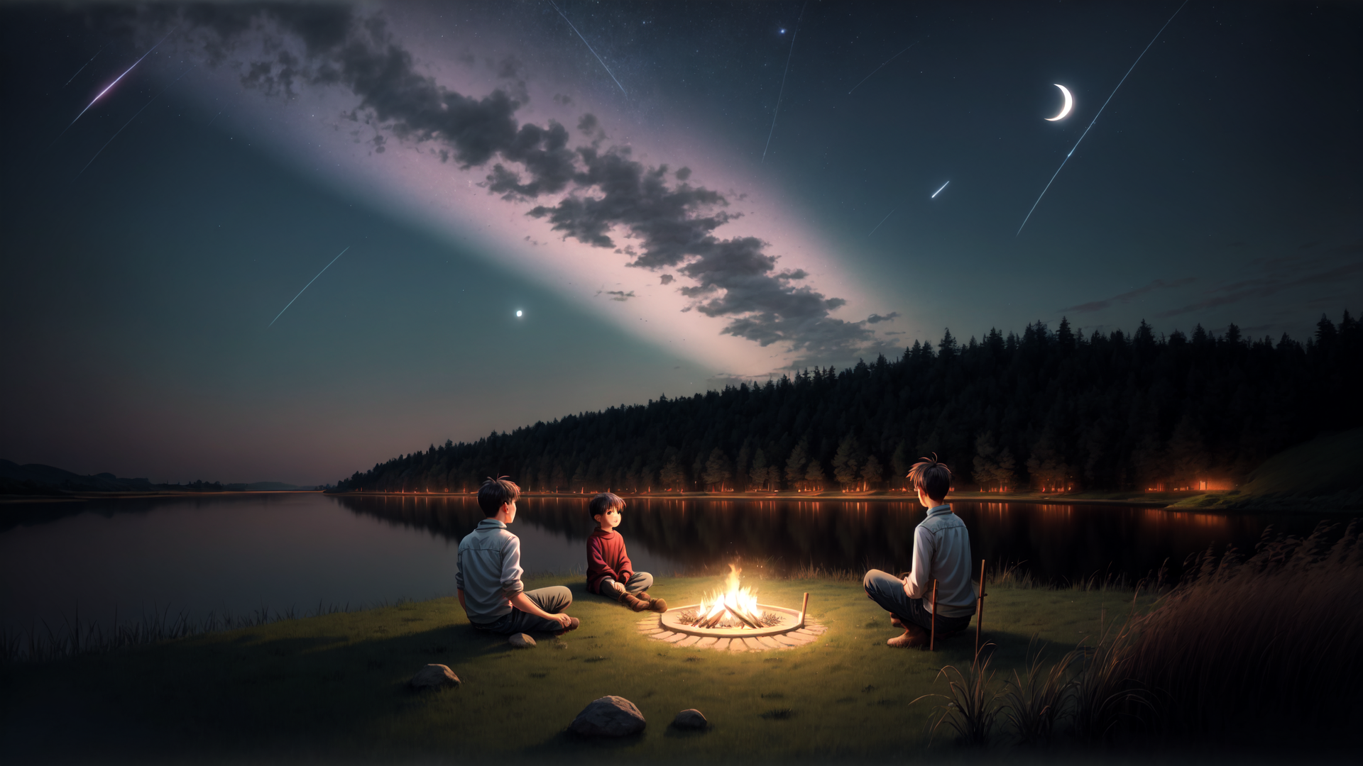 AI generated wallpaper featuring children, campfire, lake, forest, moon, stars, sky, grass, trees, stones