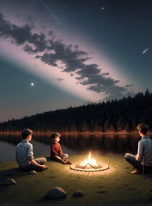 children, campfire, lake, forest, moon, stars, sky, grass, trees, stones
