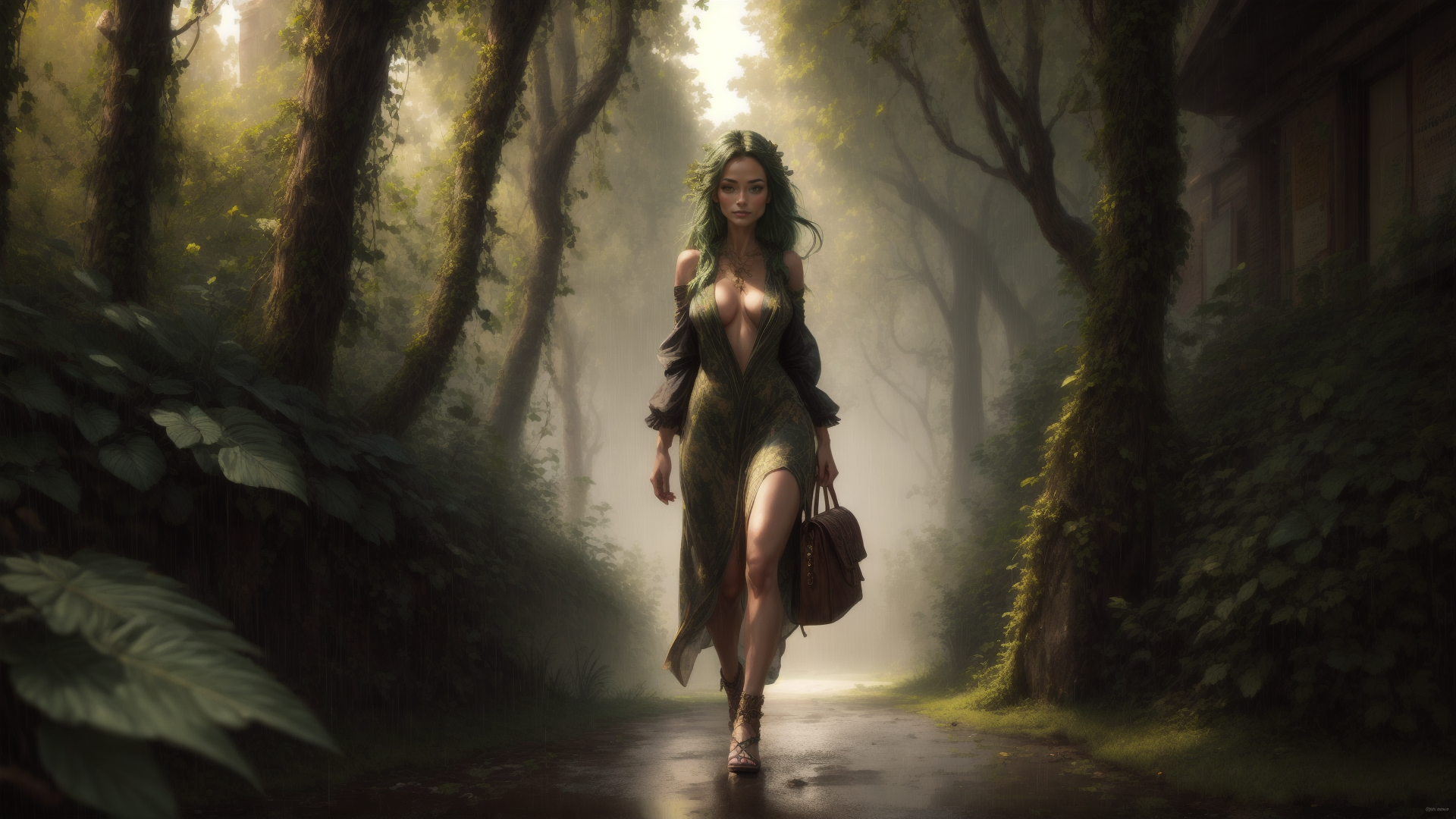 AI generated wallpaper featuring woman, forest, path