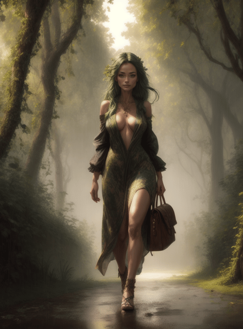 woman, forest, path