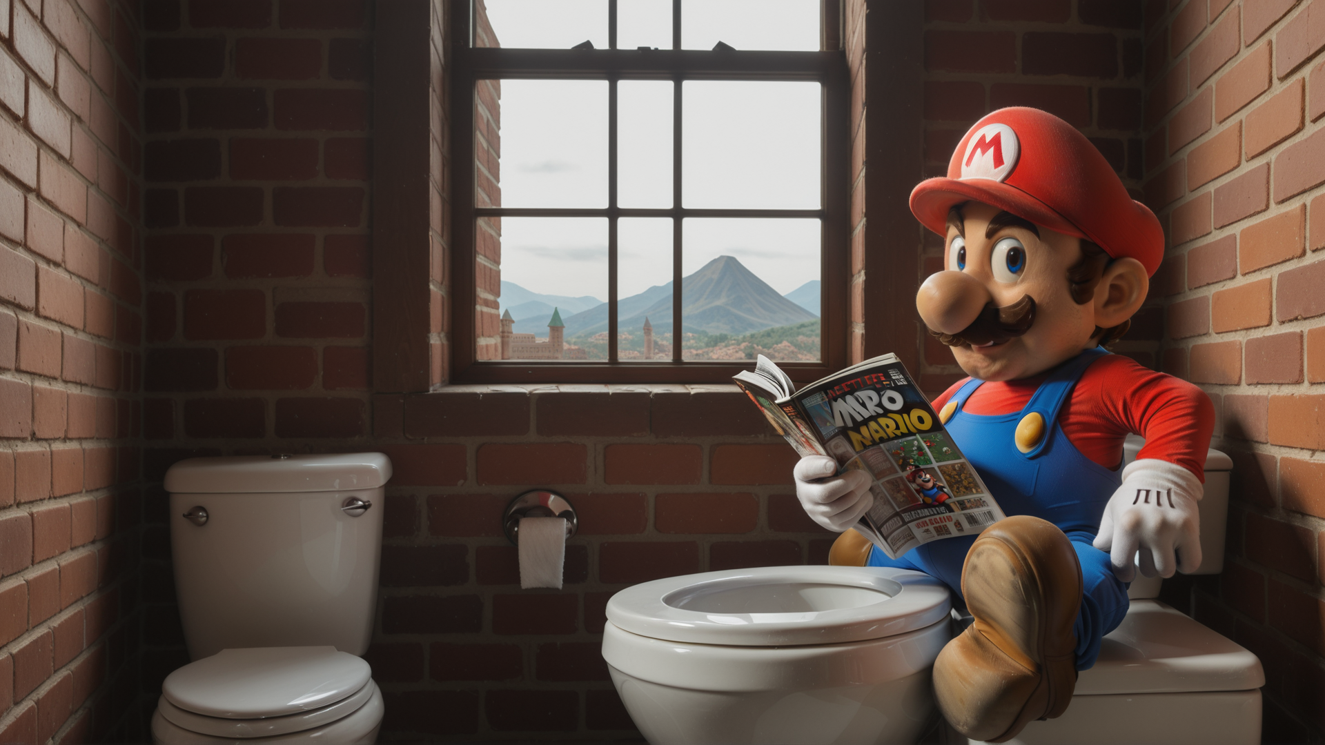 AI generated wallpaper featuring mario, toilet, magazine, brick wall, window, mountain