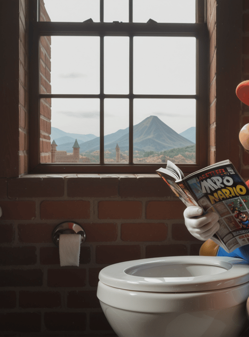 mario, toilet, magazine, brick wall, window, mountain