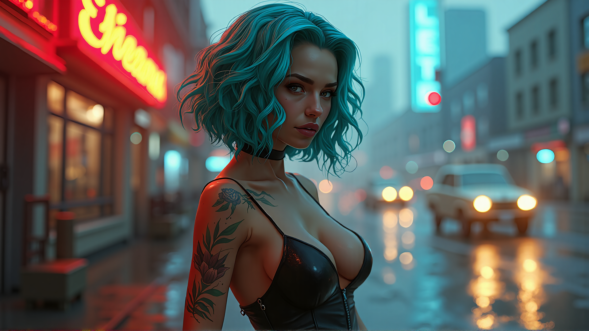 AI generated wallpaper featuring woman, tattoo, neon, city, street