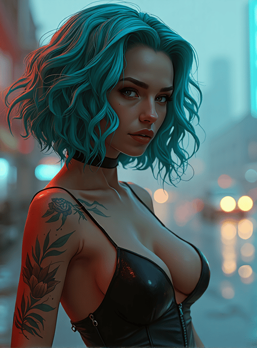 woman, tattoo, neon, city, street