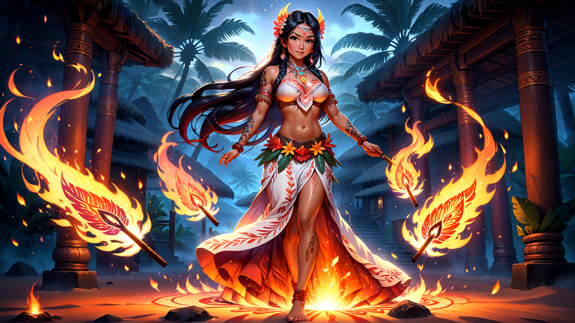 AI generated wallpaper featuring woman, fire, tiki, palm tree, torch