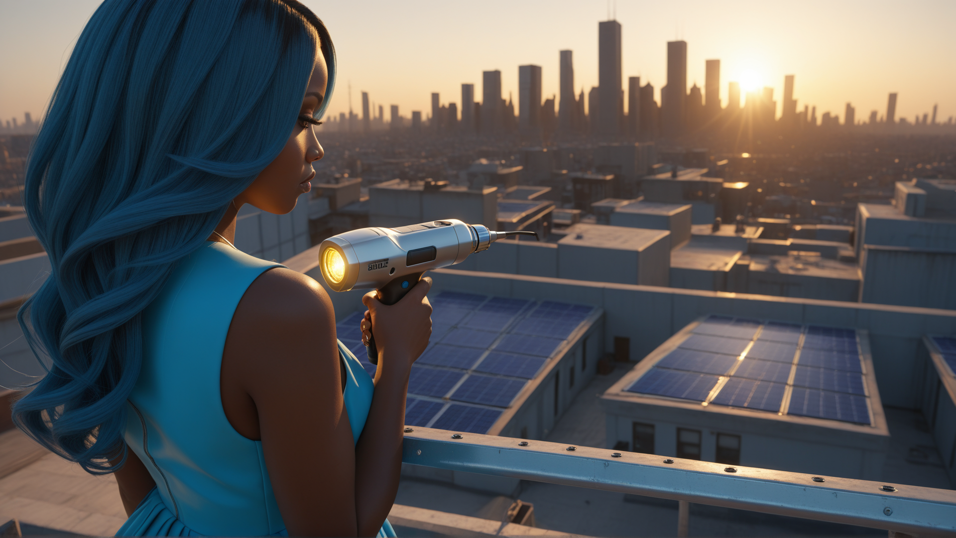AI generated wallpaper featuring woman, solar panels, cityscape, drill
