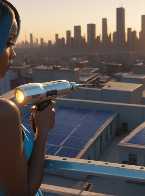 woman, solar panels, cityscape, drill