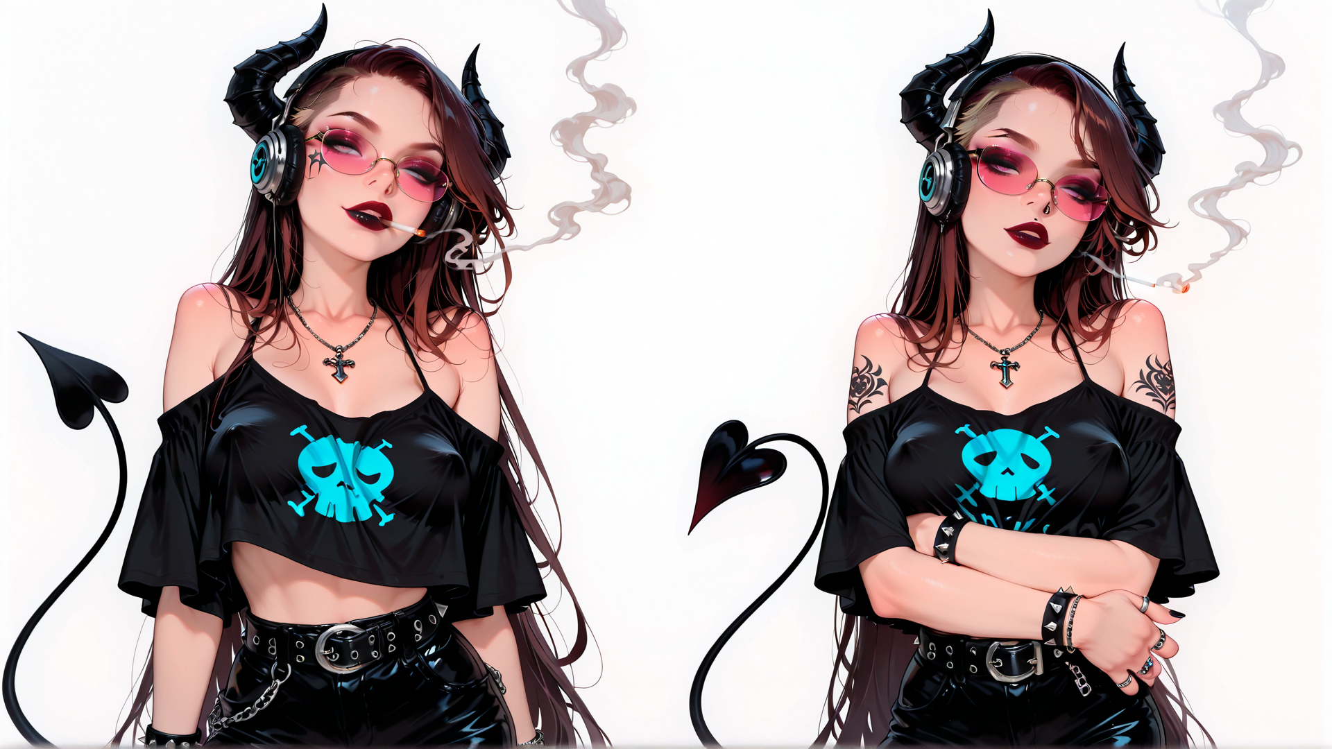 AI generated wallpaper featuring devil, woman, headphones, cigarette, skull, tail, tattoo, cross, glasses, chain