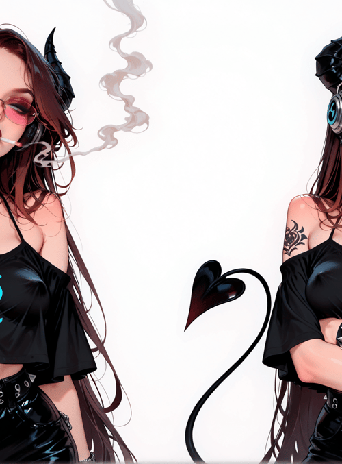devil, woman, headphones, cigarette, skull, tail, tattoo, cross, glasses, chain