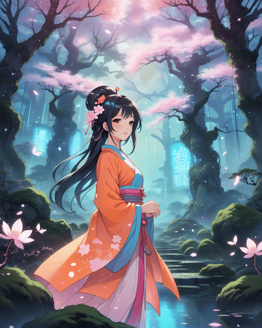 AI generated wallpaper featuring woman, cherry blossoms, forest