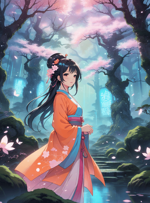 woman, cherry blossoms, forest