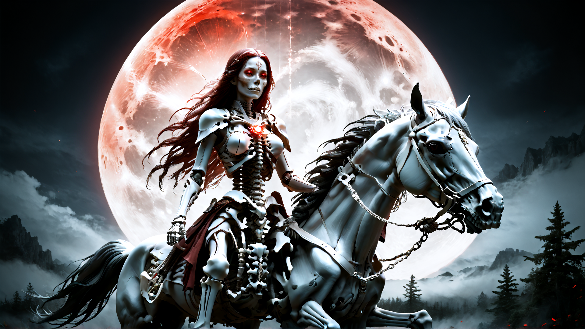 AI generated wallpaper featuring skeleton, woman, horse, moon, red, black, skeleton, metal, saddle, chain