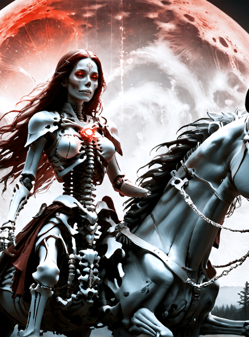 skeleton, woman, horse, moon, red, black, skeleton, metal, saddle, chain