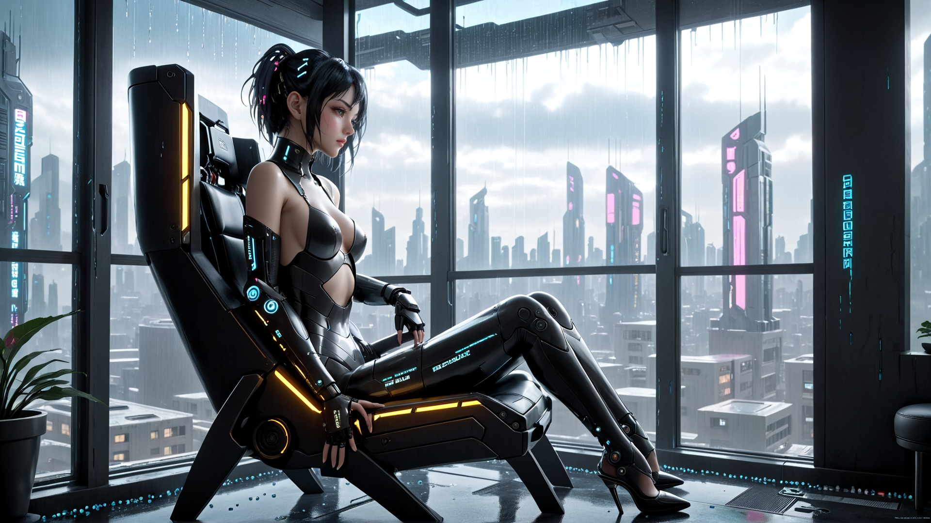 AI generated wallpaper featuring cyborg, woman, chair