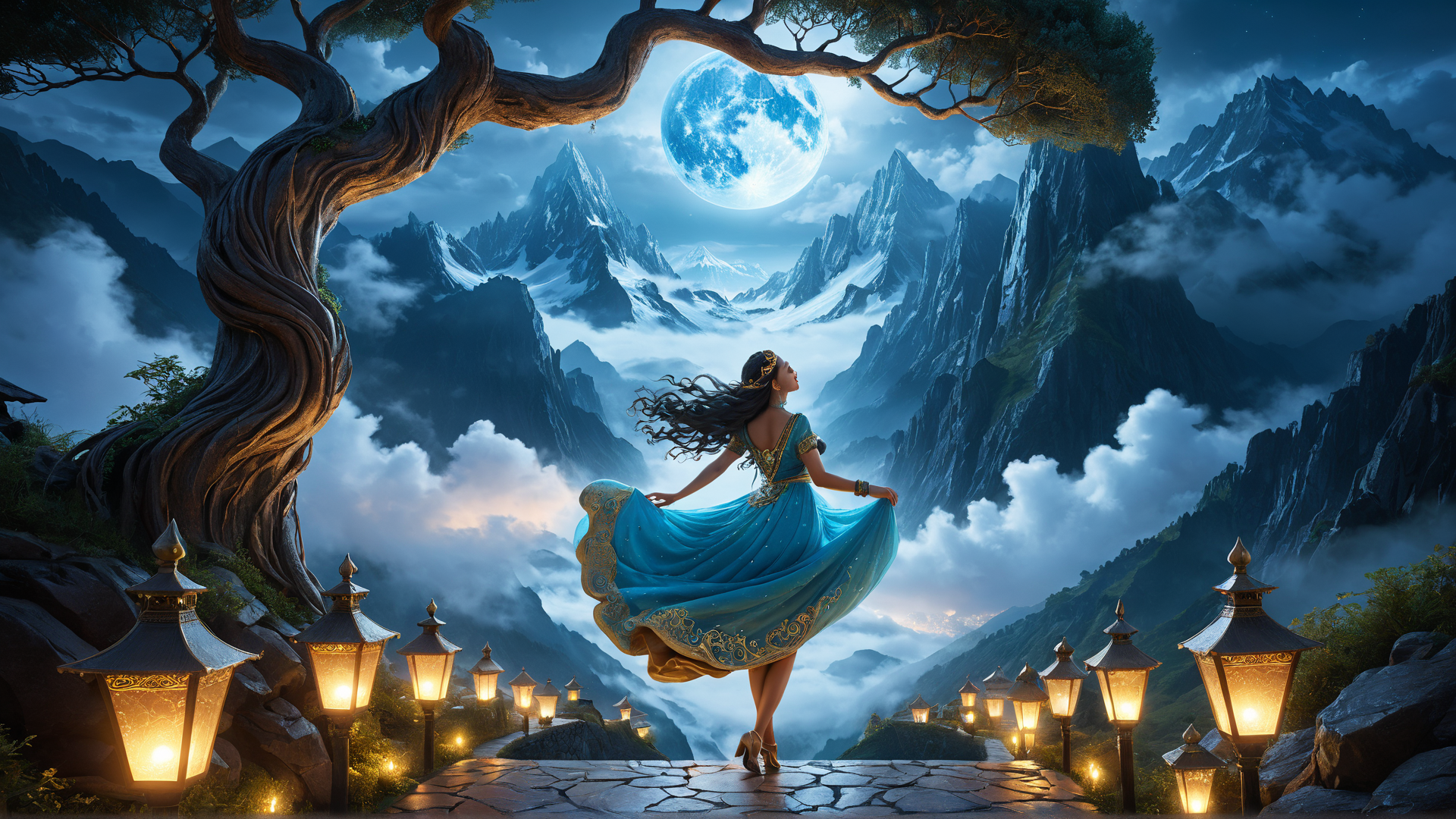 AI generated wallpaper featuring woman, tree, moon, mountains, lanterns, dress, clouds, path, stars, landscape