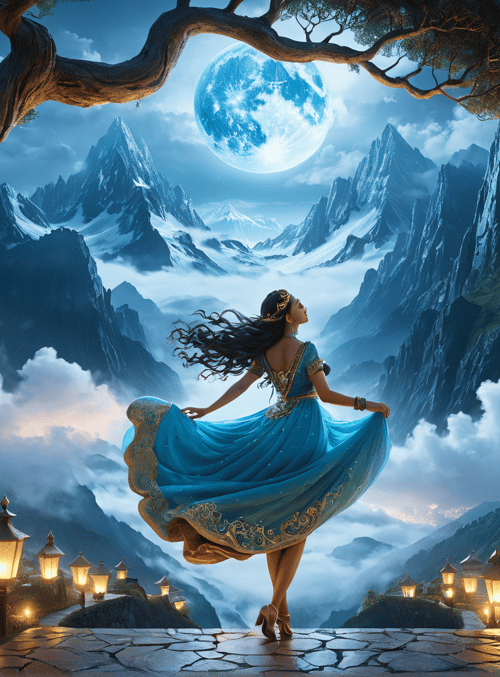 woman, tree, moon, mountains, lanterns, dress, clouds, path, stars, landscape