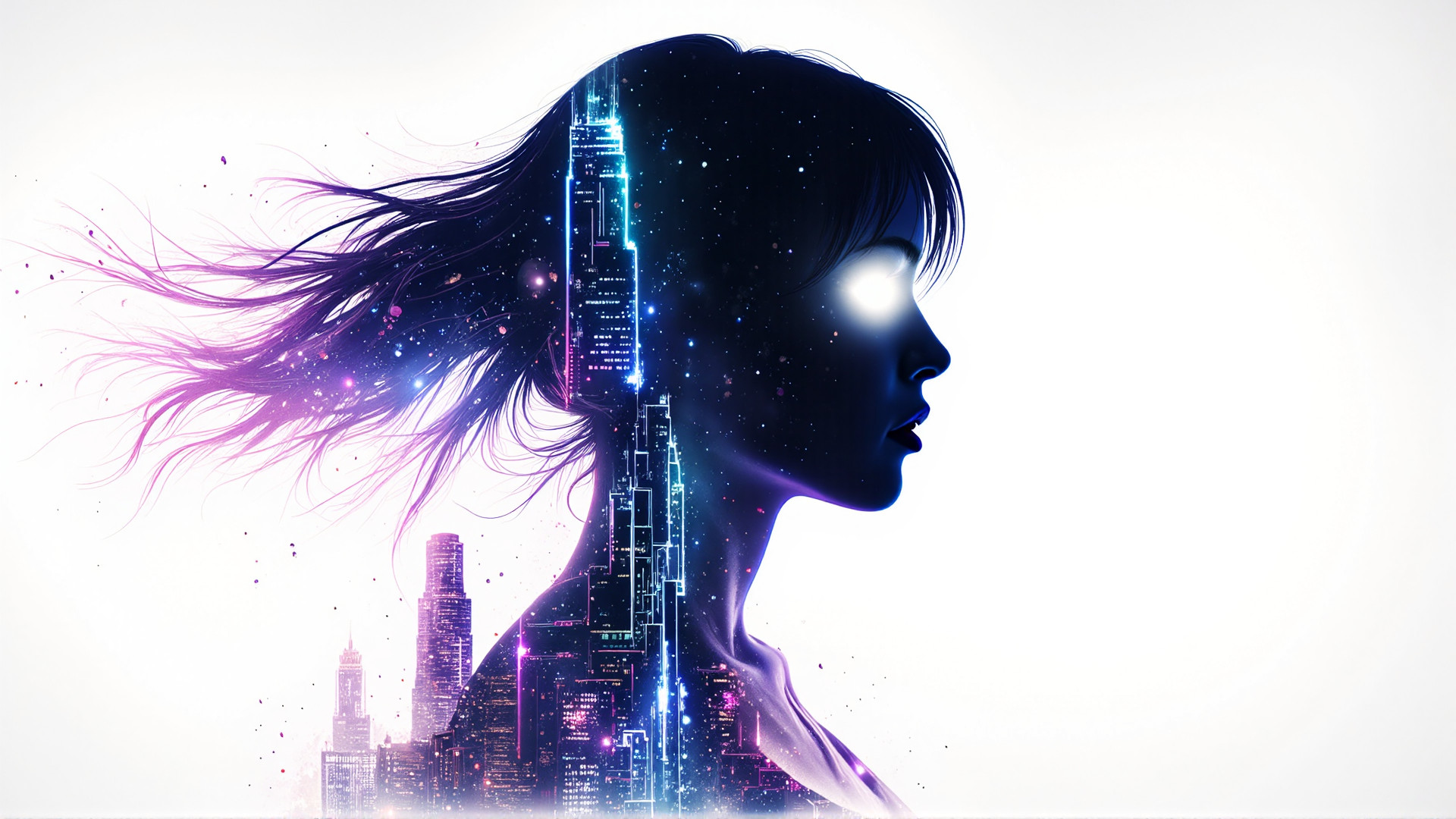 AI generated wallpaper featuring woman, cityscape, silhouette, hair, neon