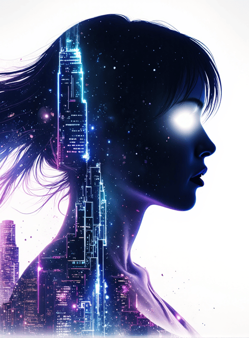 woman, cityscape, silhouette, hair, neon