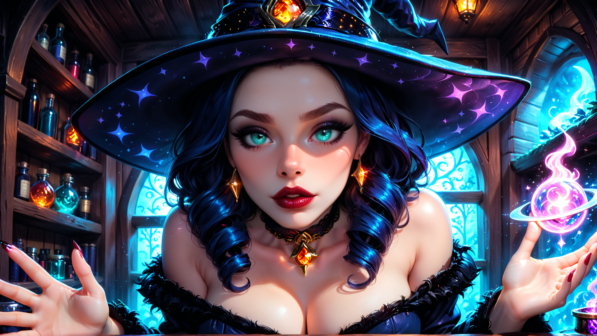 AI generated wallpaper featuring witch, hat, bottle, hand, magic, moon, stars, choker, earring, fairy