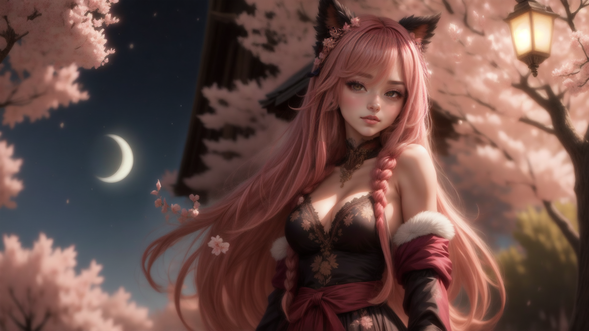 AI generated wallpaper featuring cat ear girl, cherry blossom, lunar