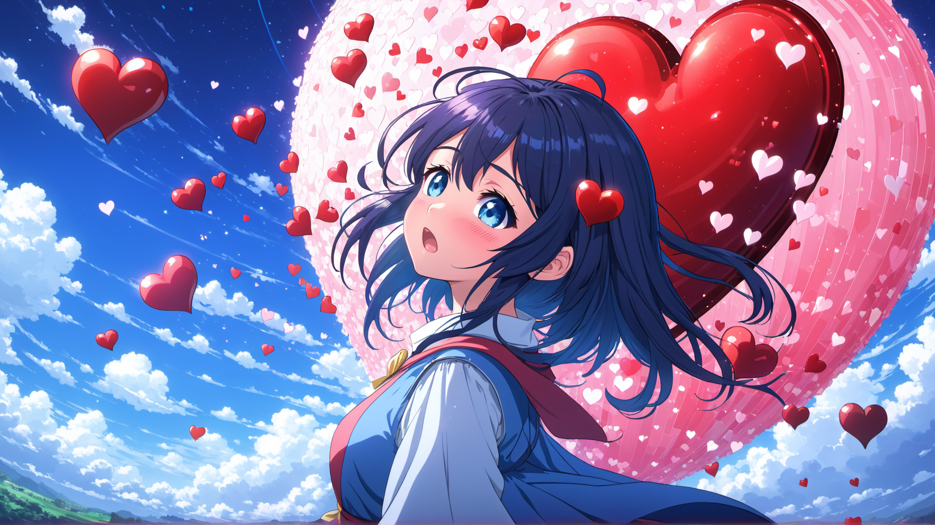 AI generated wallpaper featuring anime girl, hearts, sky
