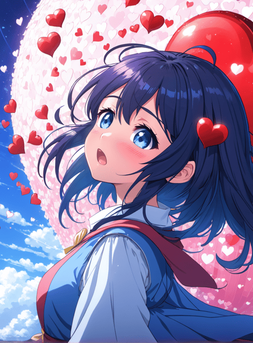 anime girl, hearts, sky