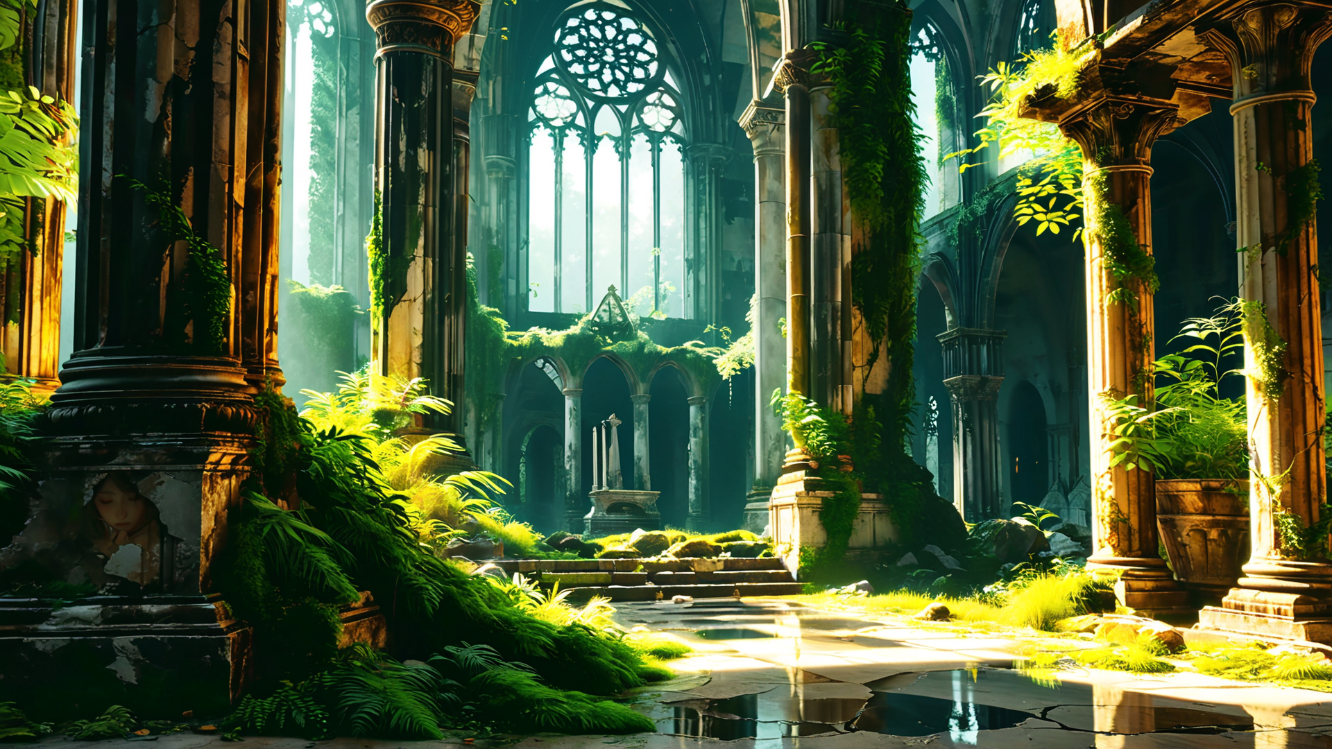 AI generated wallpaper featuring cathedral, columns, plants, stained glass, ruins, fossils, mosaic, arches, sunlight, stone