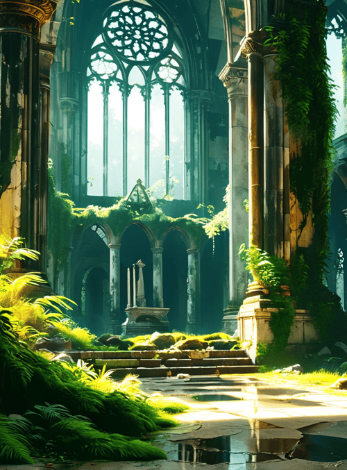 cathedral, columns, plants, stained glass, ruins, fossils, mosaic, arches, sunlight, stone