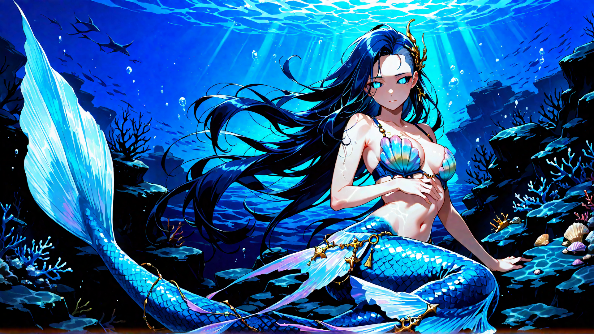 AI generated wallpaper featuring mermaid, ocean, coral, fish, seashell, sunlight, scales, aquatic, water, tail