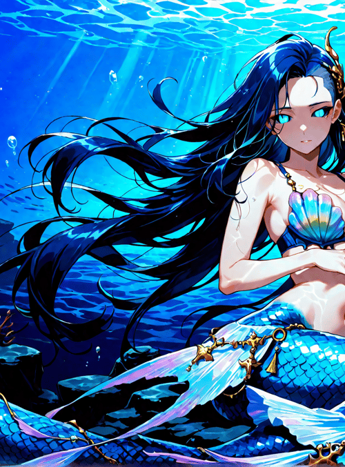 mermaid, ocean, coral, fish, seashell, sunlight, scales, aquatic, water, tail